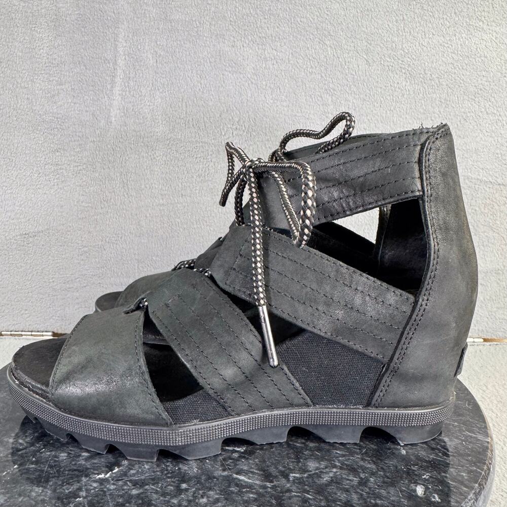 Sorel Joanie II Black Leather Gladiator Wedge Sandals Women’s Size 8.5 US